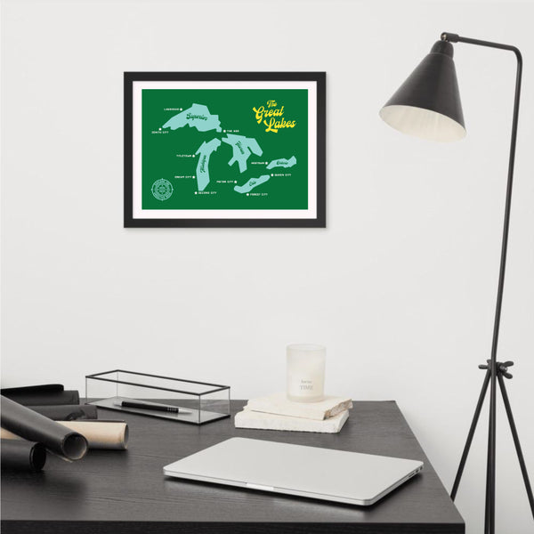 The Great Lakes 16x12" Framed Map (Green)