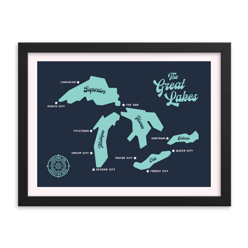 The Great Lakes 16x12" Framed Map (Navy)