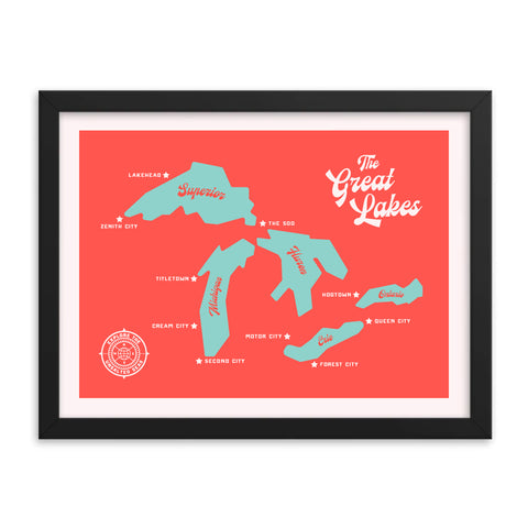 The Great Lakes 16x12" Framed Map (Red)