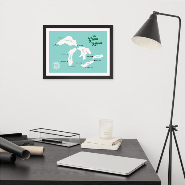 The Great Lakes 16x12" Framed Map (Teal)