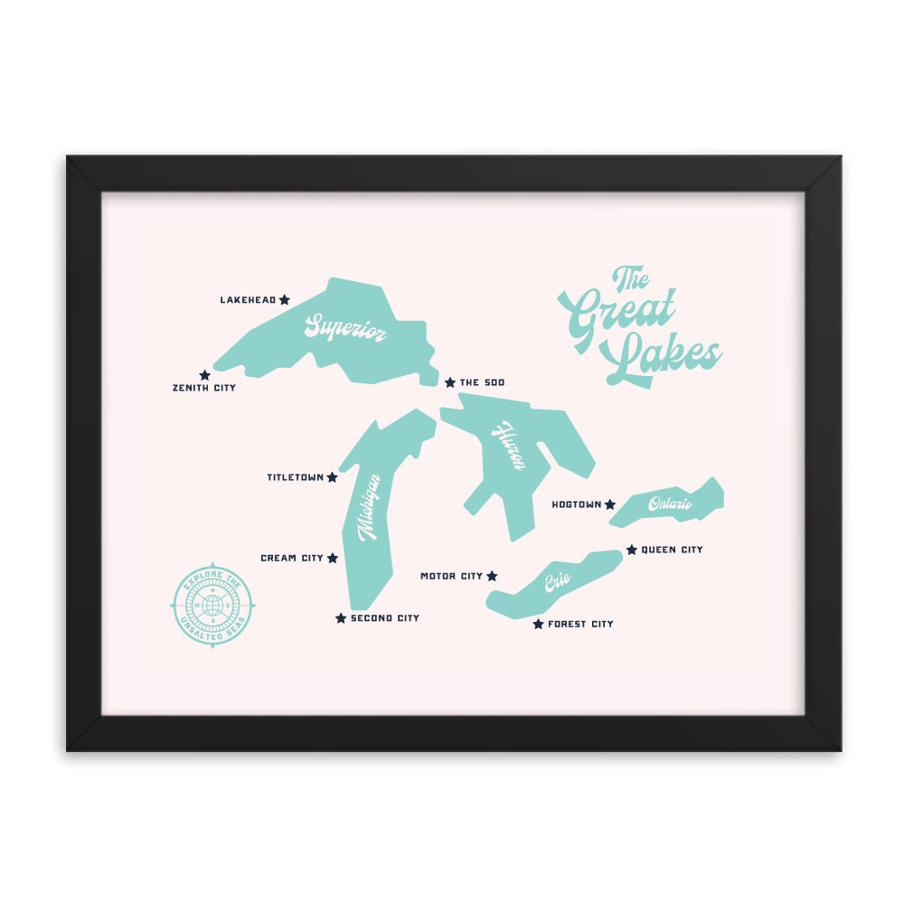 The Great Lakes 16x12" Framed Map (White)