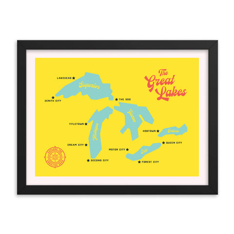 The Great Lakes 16x12" Framed Map (Yellow)